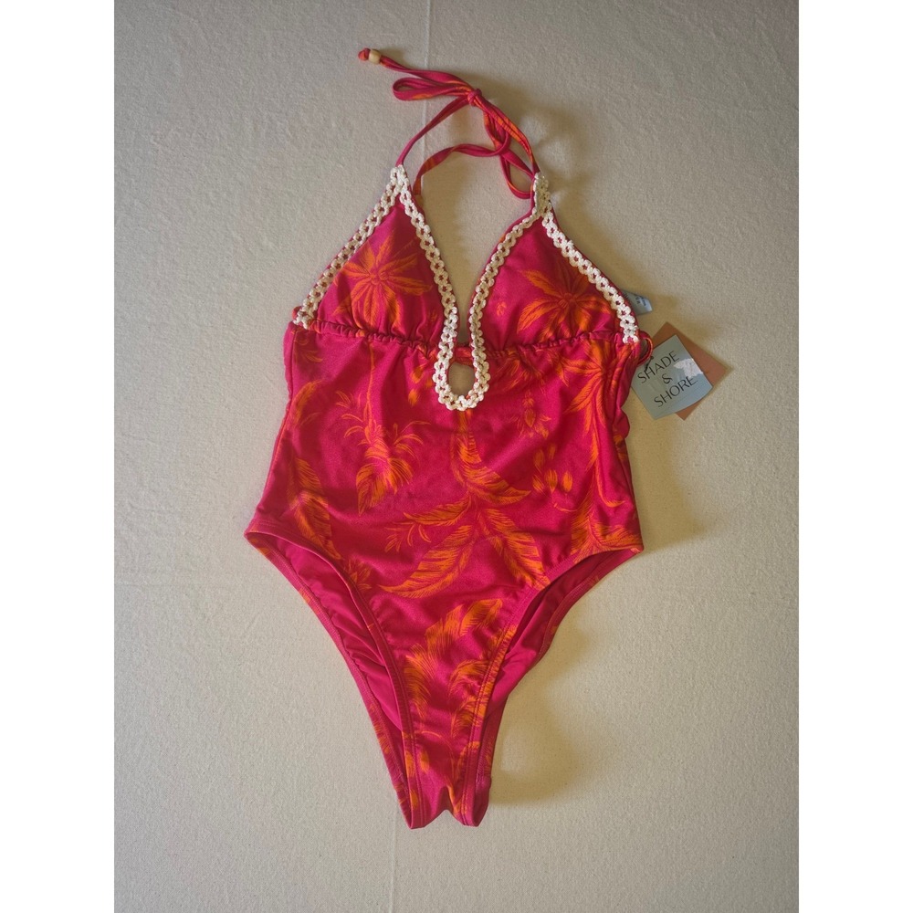 Shade & Shore Plunge Palm Print One‎ Piece Swimsuit Pink Small NWT